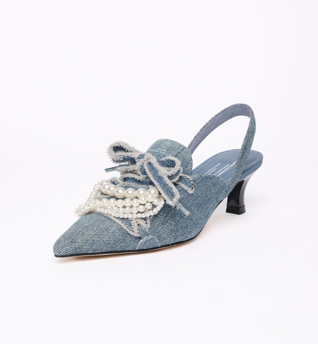 Pearl x Denim Lace-Up Heels