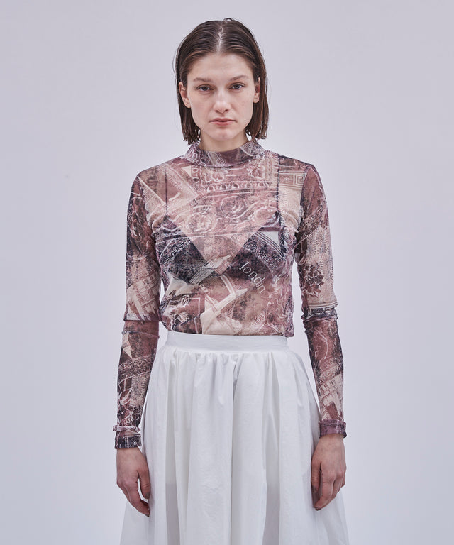 Original Print Mock Neck Mesh Top