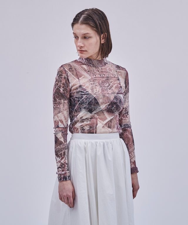 Original Print Mock Neck Mesh Top