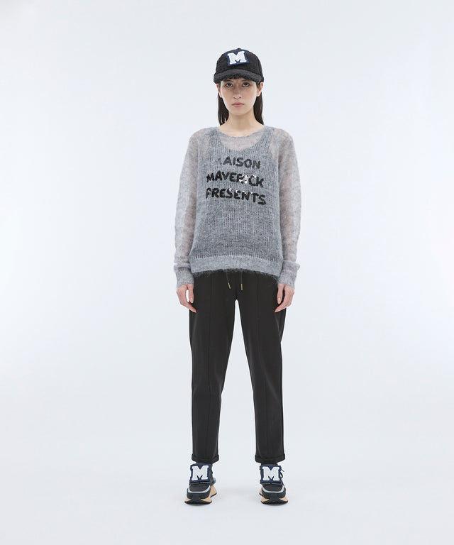 See-through mesh knit sequin logo pullover