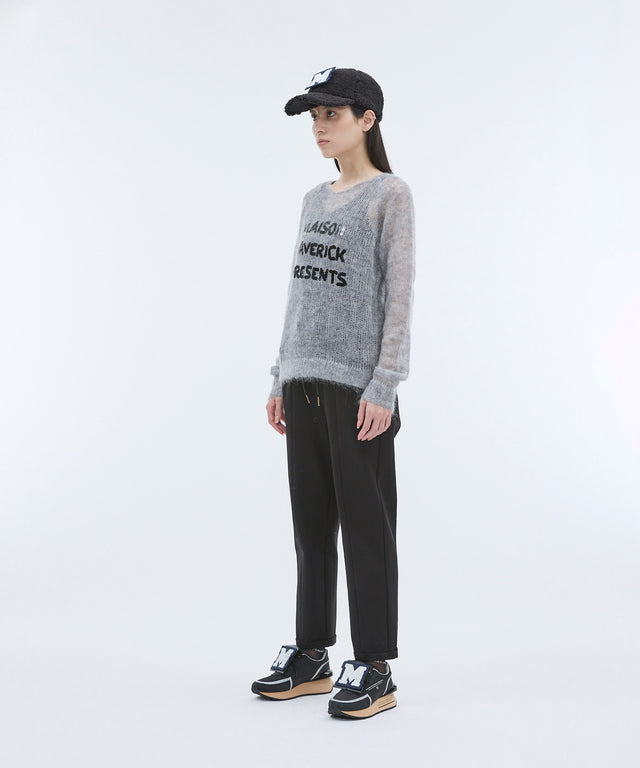 See-through mesh knit sequin logo pullover