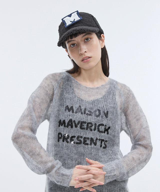 See-through mesh knit sequin logo pullover