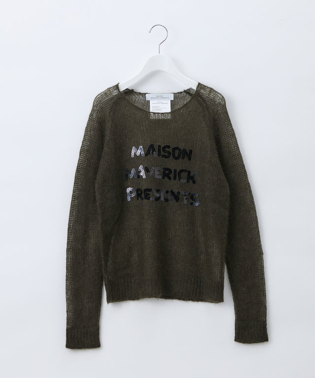 See-through mesh knit sequin logo pullover