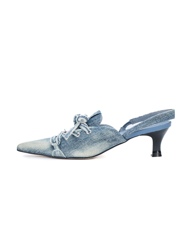 Distressed Denim Lace-Up Sneaker Heels