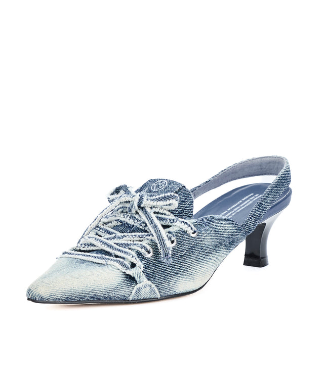 Distressed Denim Lace-Up Sneaker Heels
