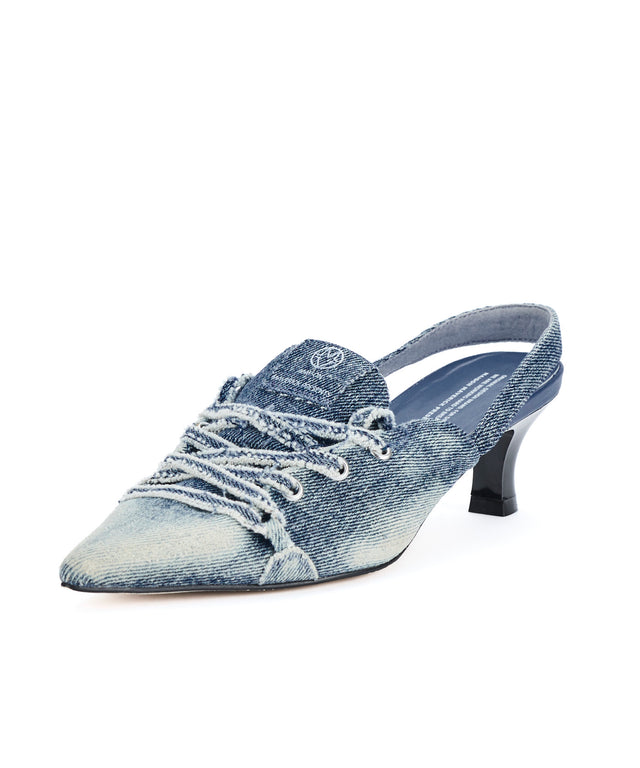 Distressed Denim Lace-Up Sneaker Heels