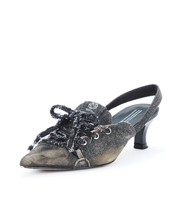 Distressed Denim Lace-Up Sneaker Heels