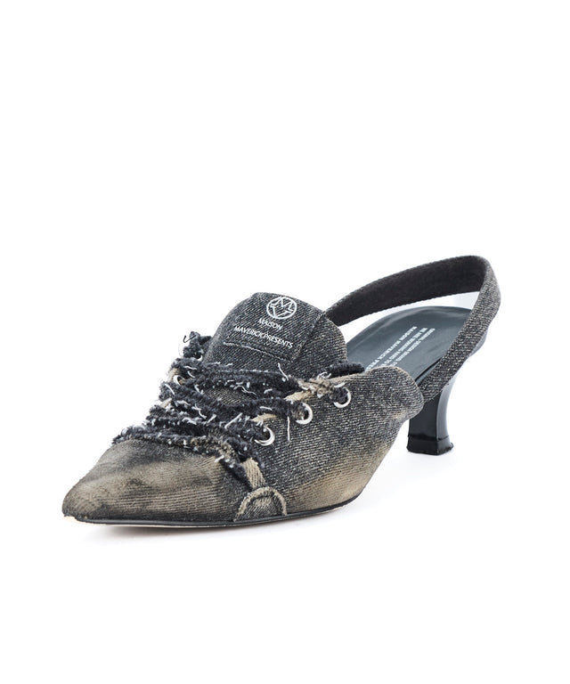 Distressed Denim Lace-Up Sneaker Heels