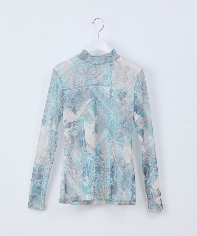 Original Print Mock Neck Mesh Top